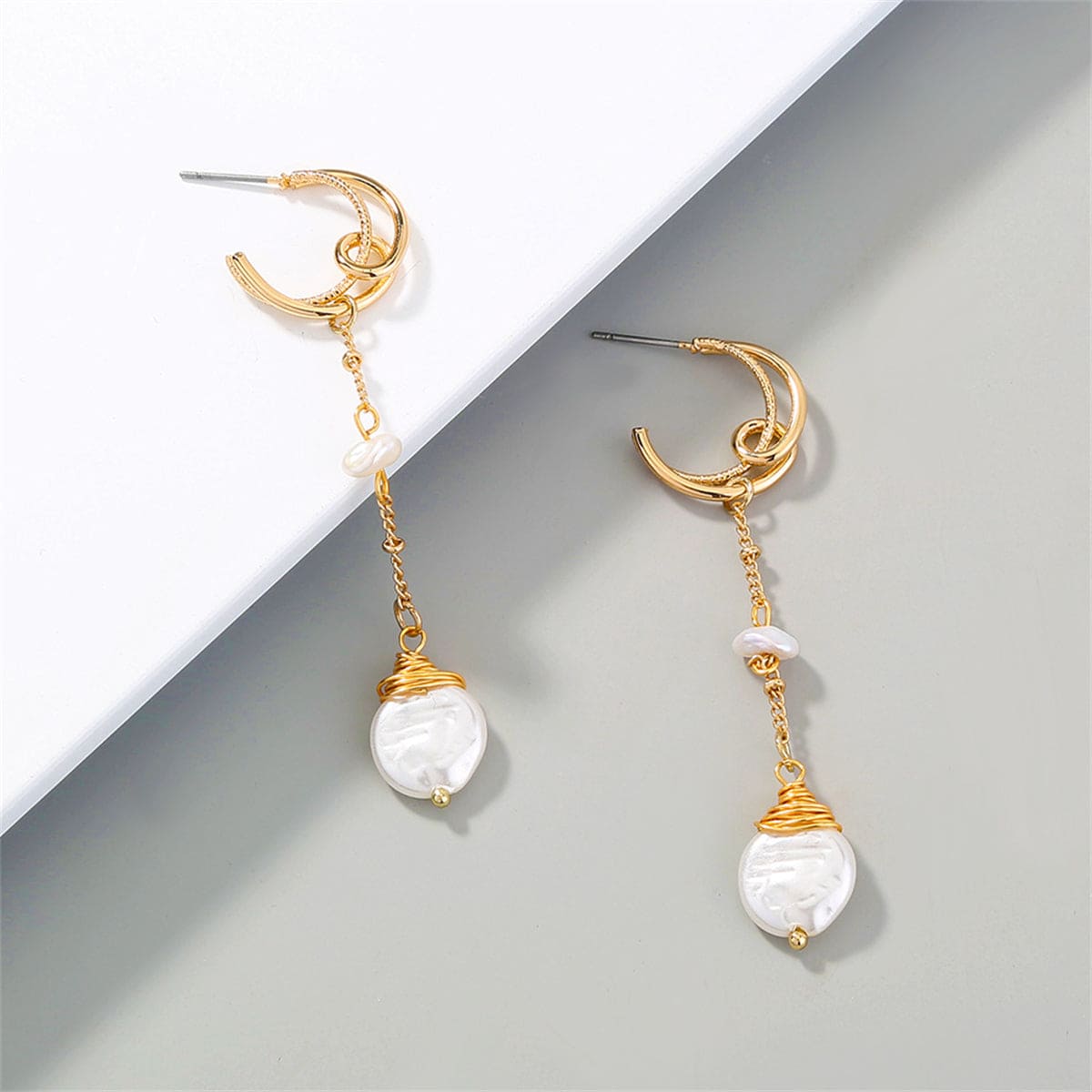 Pearl & Goldtone Crescent Linked Drop Earrings
