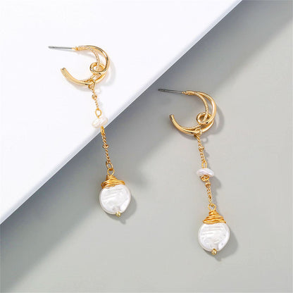 Pearl & Goldtone Crescent Linked Drop Earrings