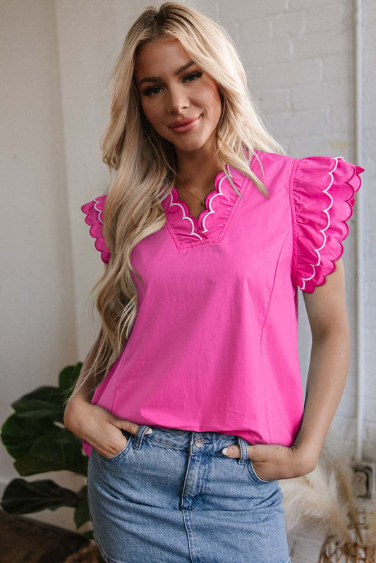 Threaded Pear Jazmine Scallop Short Sleeve V Neck Blouse