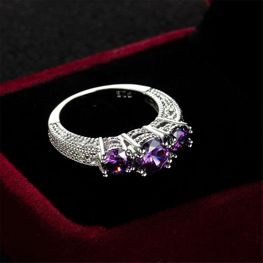 Purple Crystal & Silvertone Three-Stone Ring