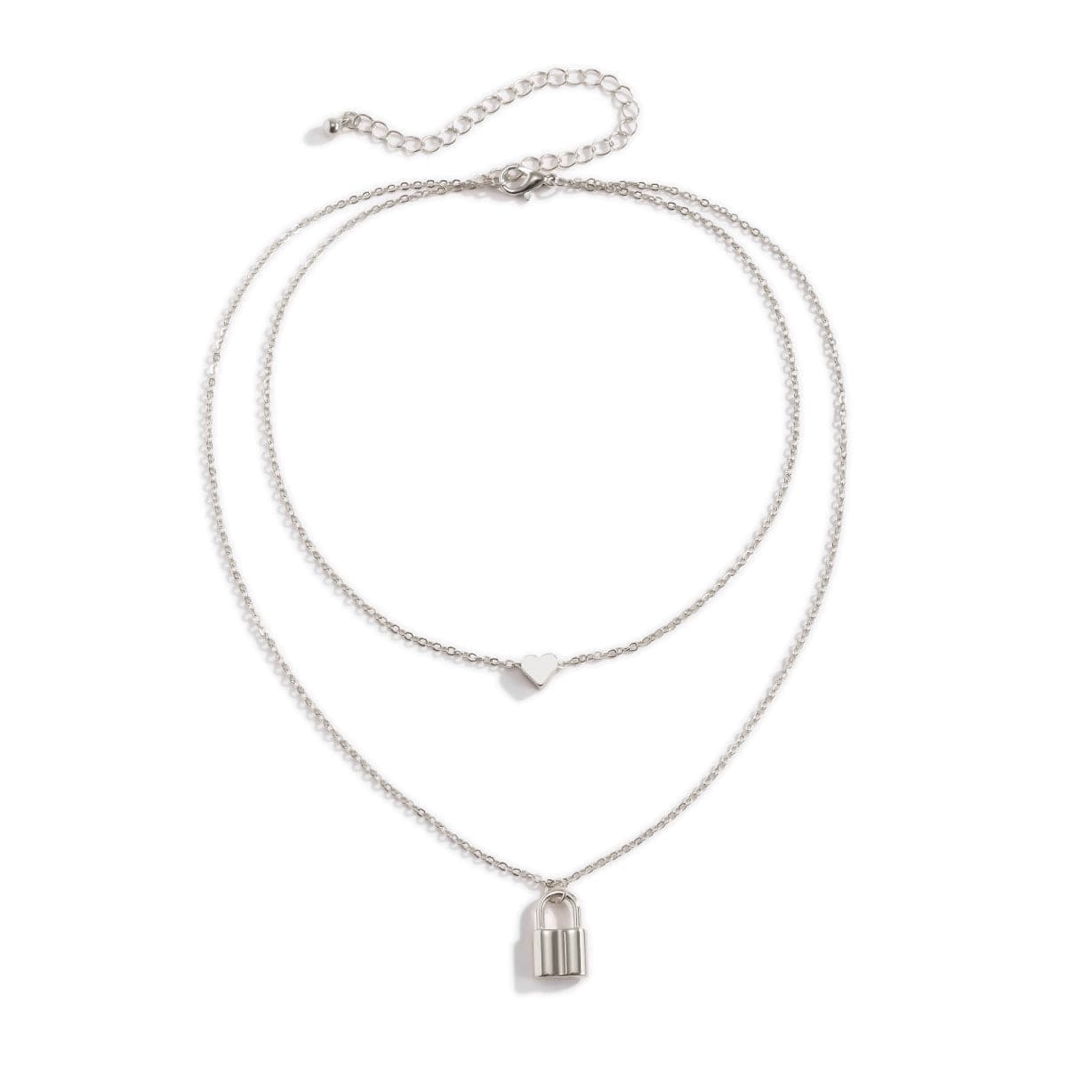 Silvertone Heart & Lock Layered Pendant Necklace-4