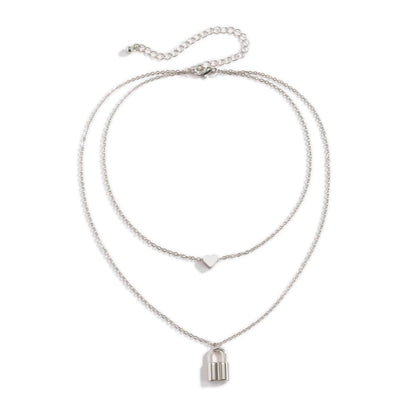 Silvertone Heart & Lock Layered Pendant Necklace-4