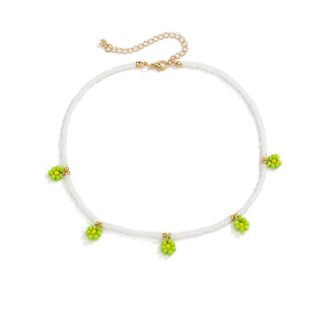 Green Howlite & Goldtone Mum Beaded Station Choker Necklace