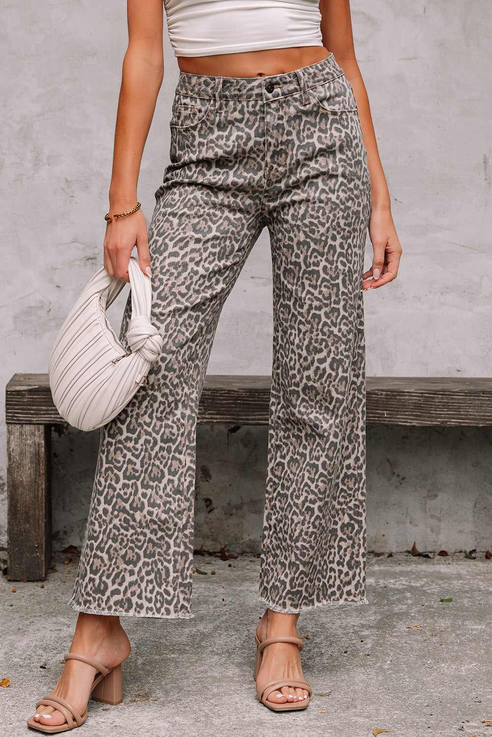 Brianna Leopard Frayed Edge Wide Leg High Waist Jeans - Brown / 6
