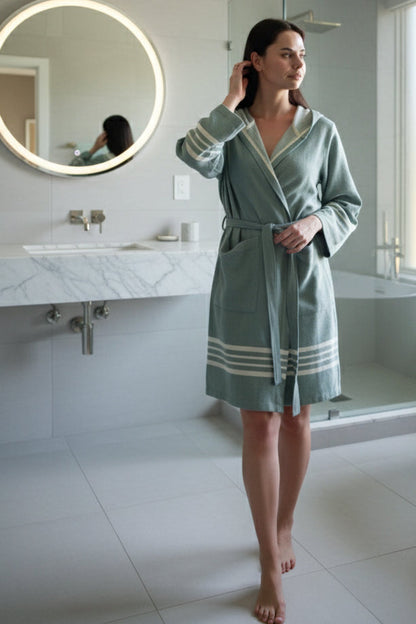 Organic Turkish Cotton Short Bathrobe with Hood – Lightweight Robe
