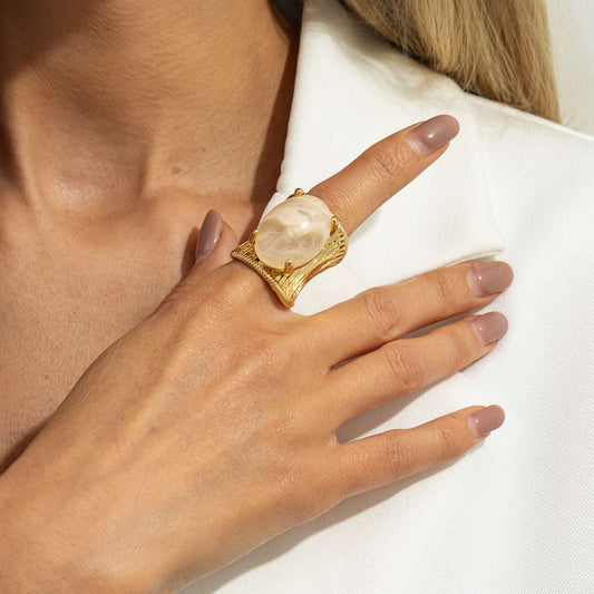 Milky Resin & Goldtone Prong-Set Oval Open Ring