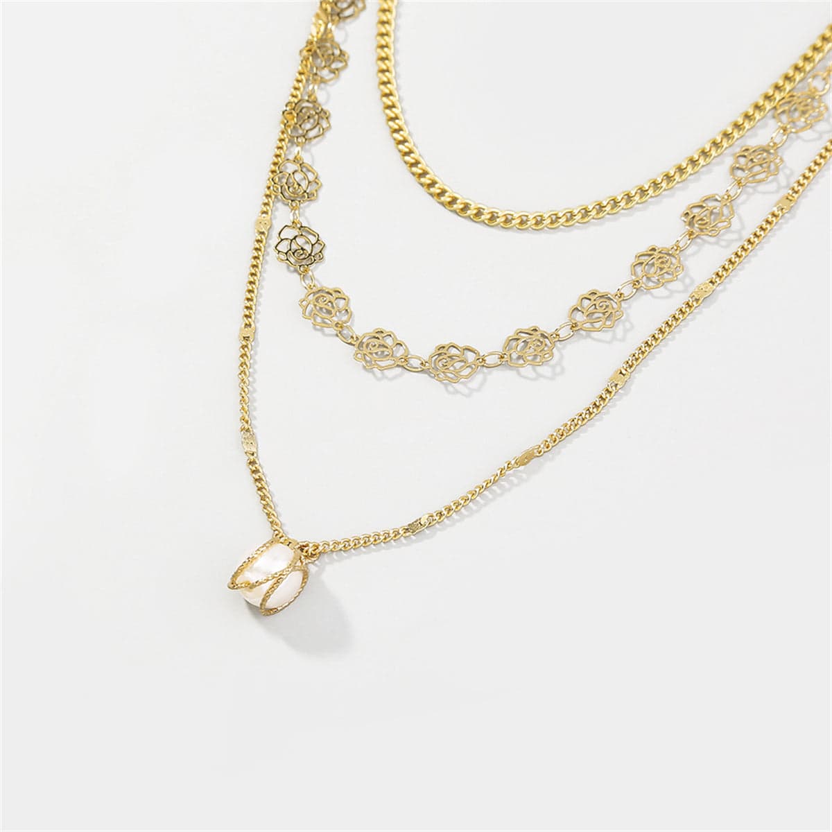 Pearl & Goldtone Lotus Layered Station Necklace