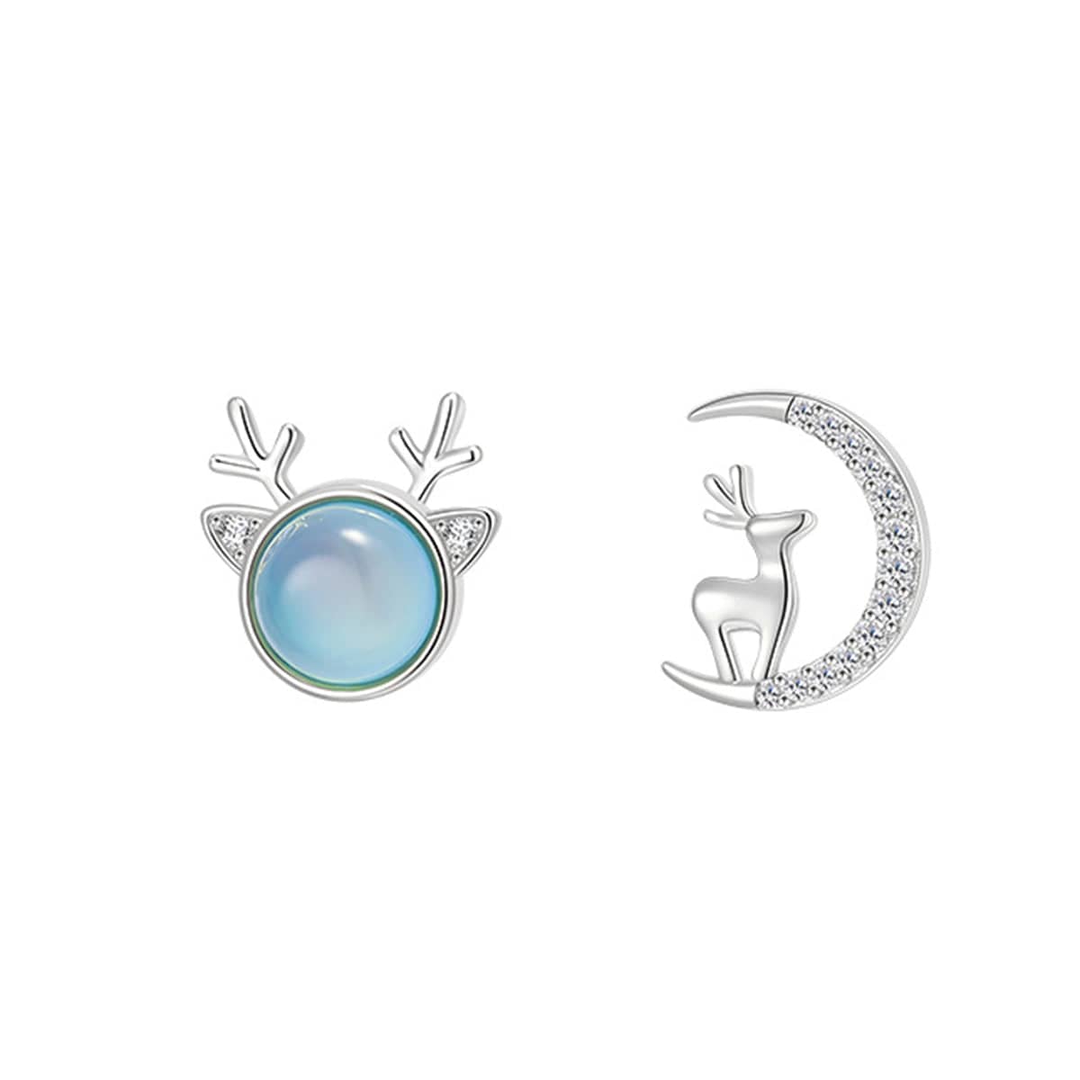 Moonstone & Silvertone Deer & Moon Mismatched Stud Earrings