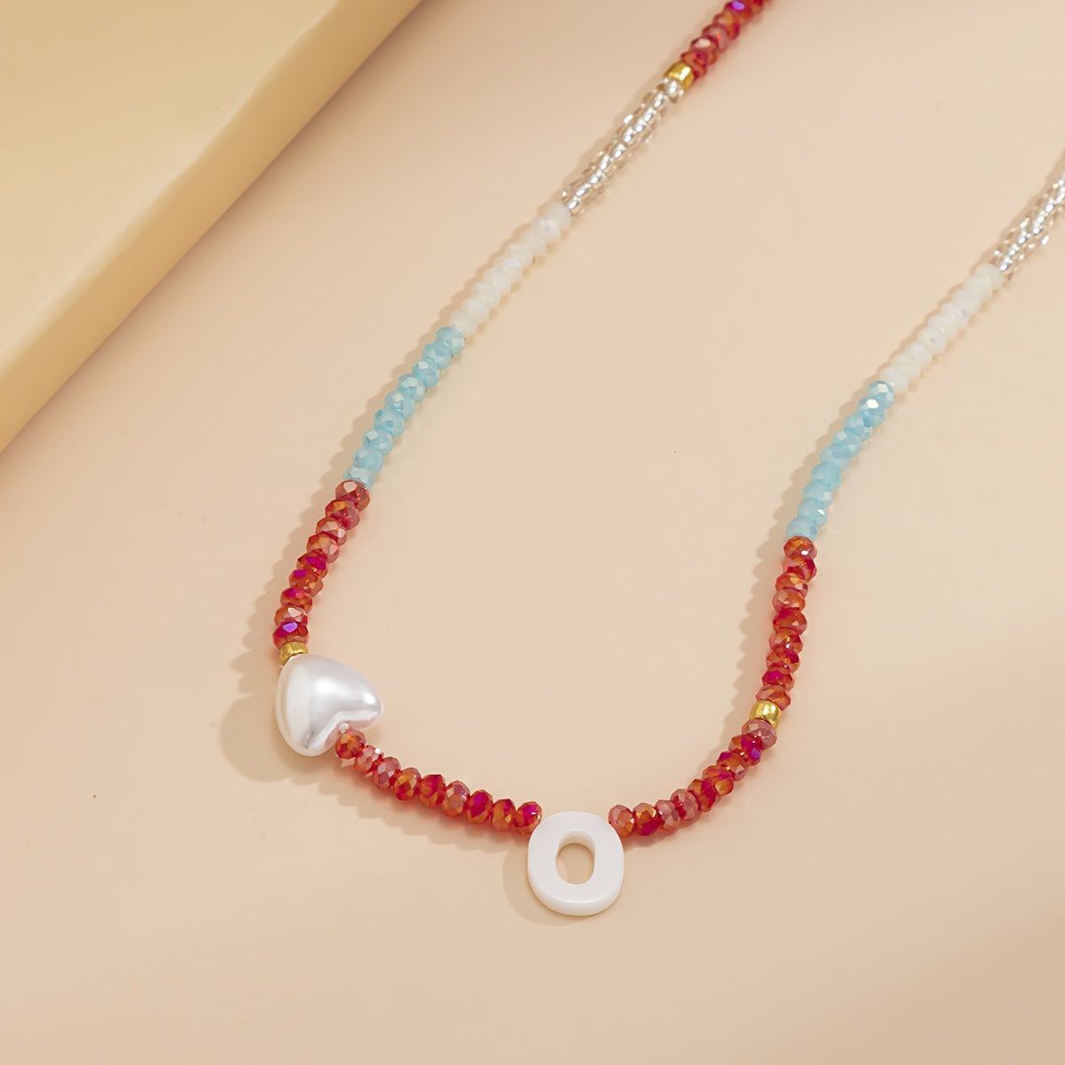 Red & Blue Acrylic Pearl Goldtone Heart Necklace