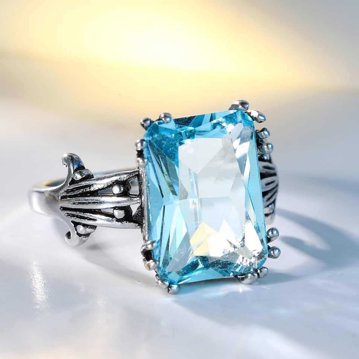 Sea Blue Crystal & Silvertone Oxidized Radiant-Cut Ring-3