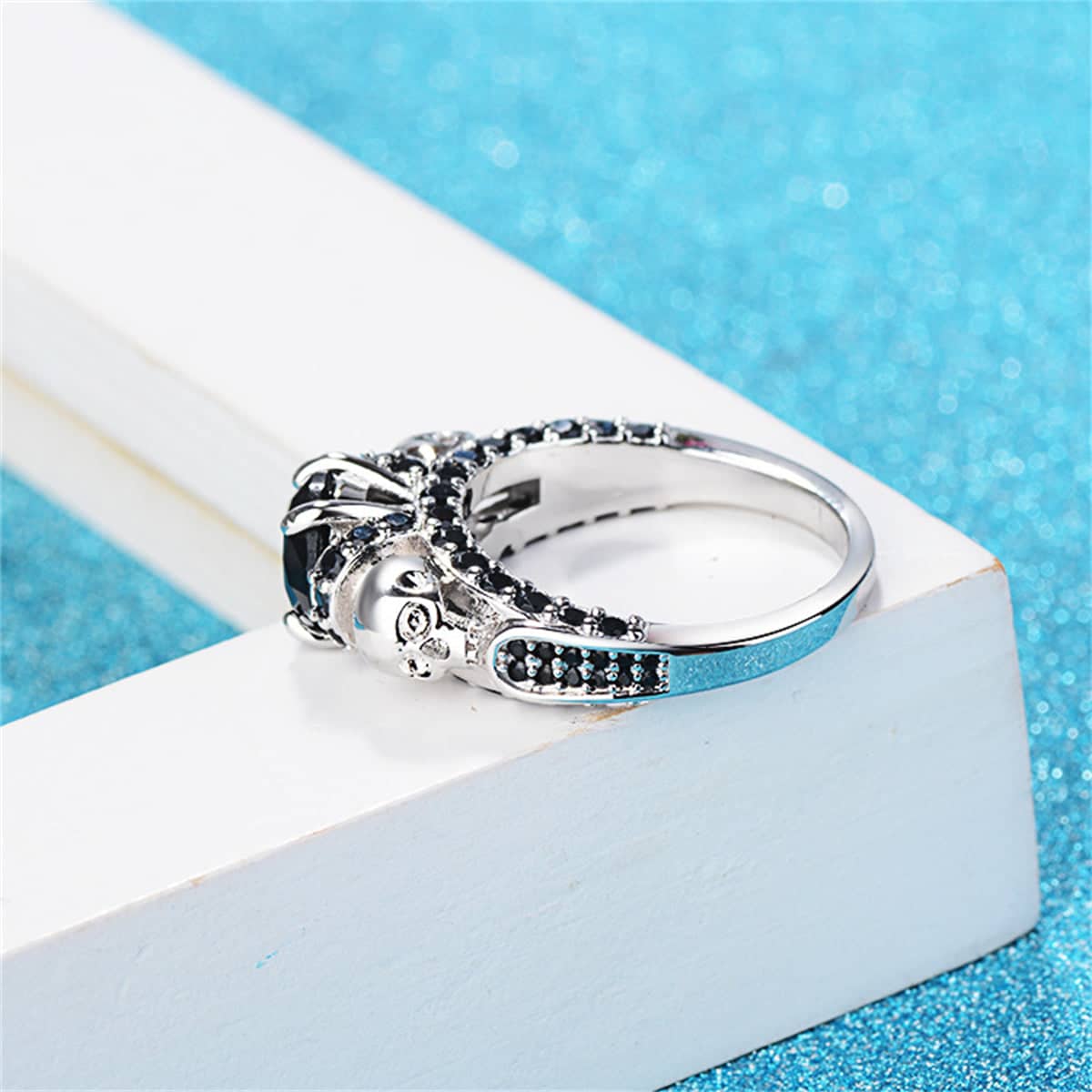 Black Crystal & Silvertone Skull Rose Ring-6