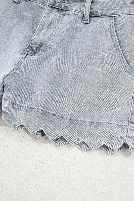Threaded Pear Scalloped Acid Wash High Waist Denim Shorts