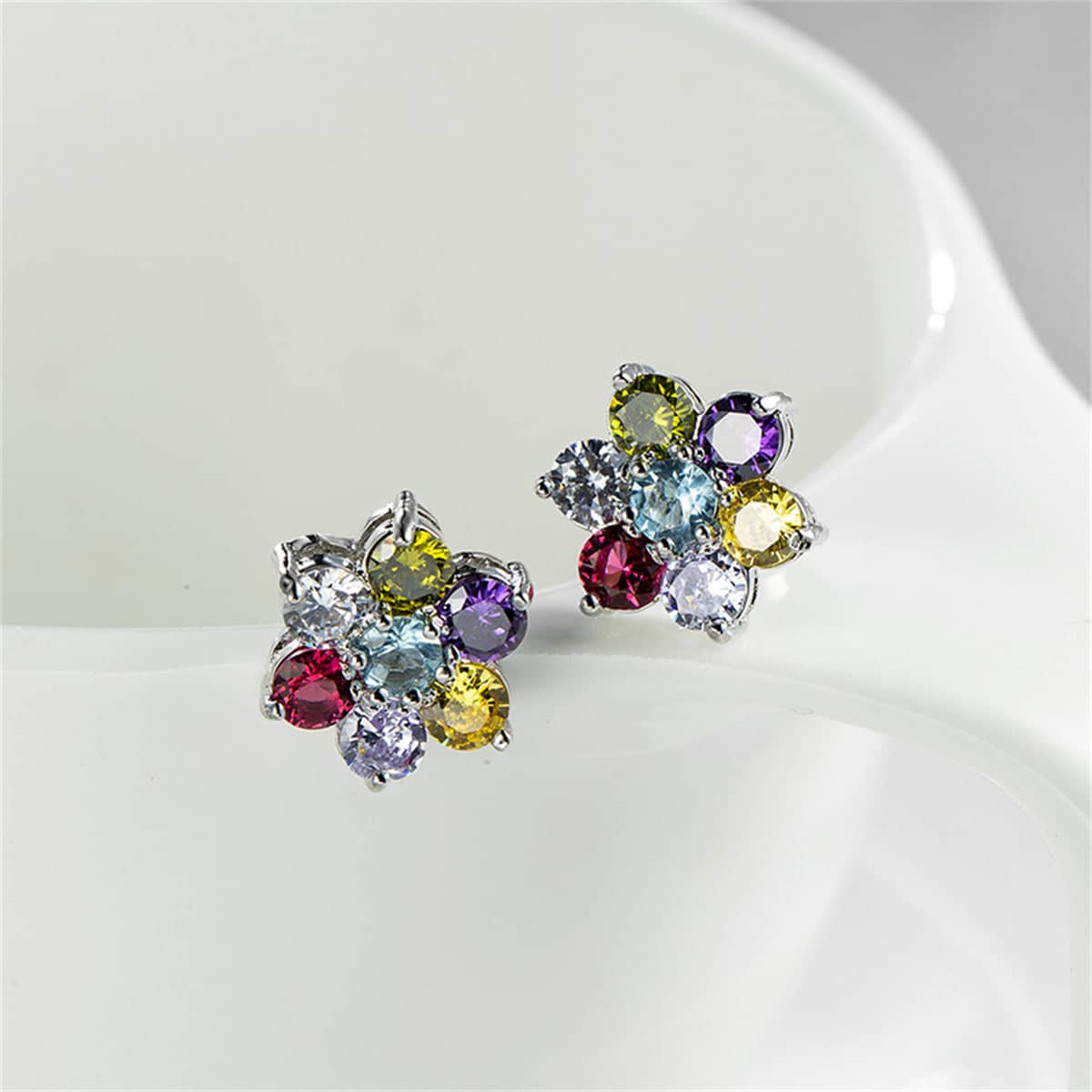 Multi-Colored Crystal & Silvertone Flower Stud Earrings