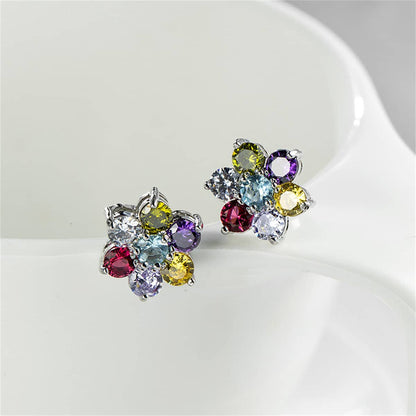 Multi-Colored Crystal & Silvertone Flower Stud Earrings
