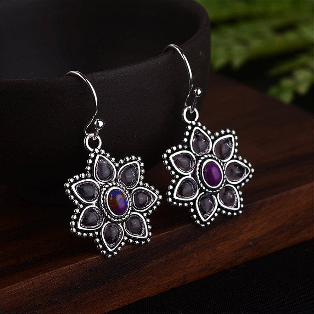 Turquoise & Crystal Silvertone Petal Drop Earrings