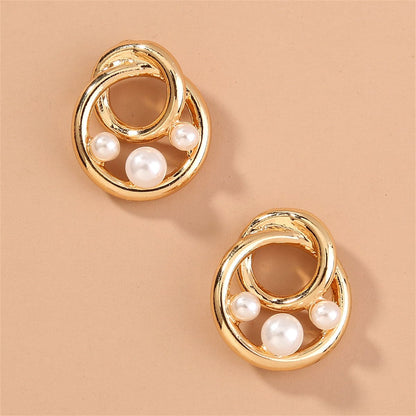 Pearl & Goldtone Interlock Circle Stud Earrings