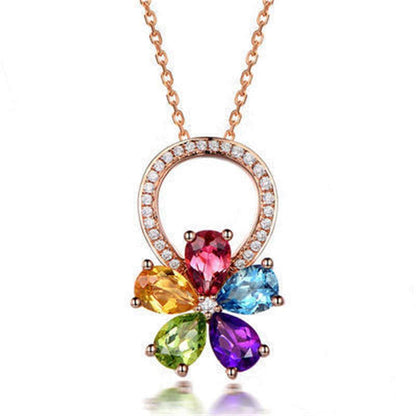 Rainbow Cubic Zirconia & Rose Goldtone Flower Pendant Necklace