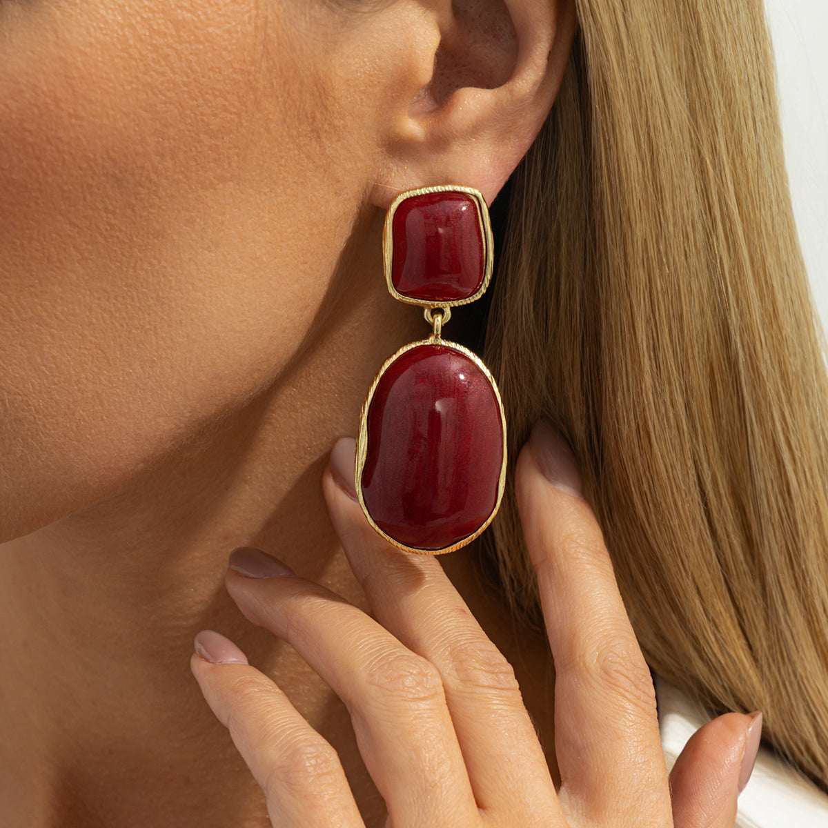 Wine Red Resin & Goldtone Oval Drop Earrings