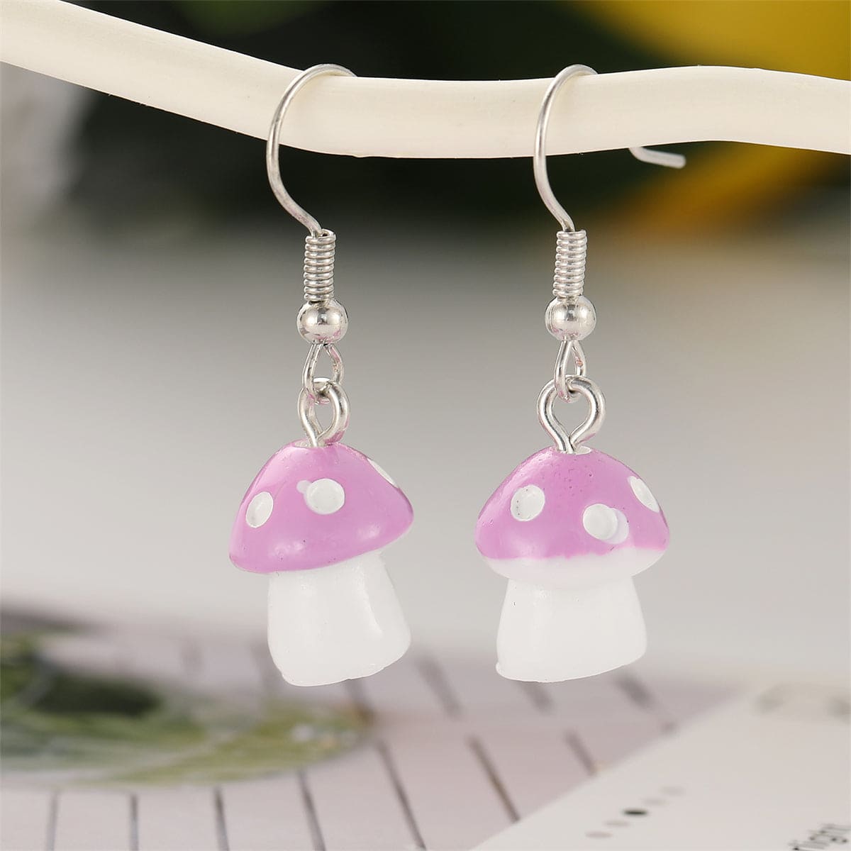 Purple Resin & Silvertone Dot Mushroom Drop Earrings