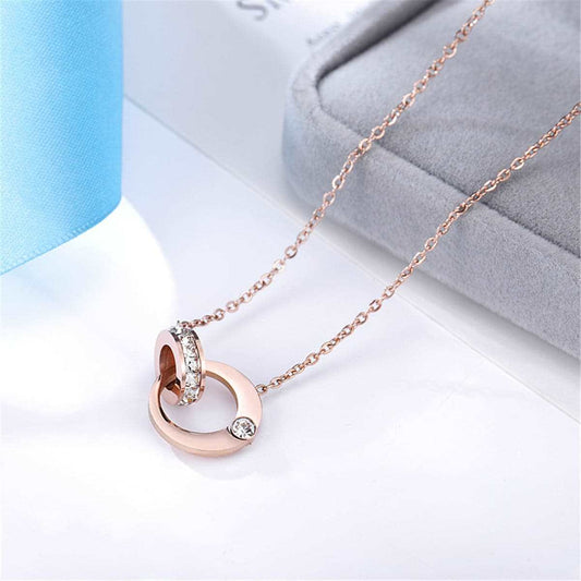 Cubic Zirconia & Rose Goldtone Double Ring Pendant Necklace