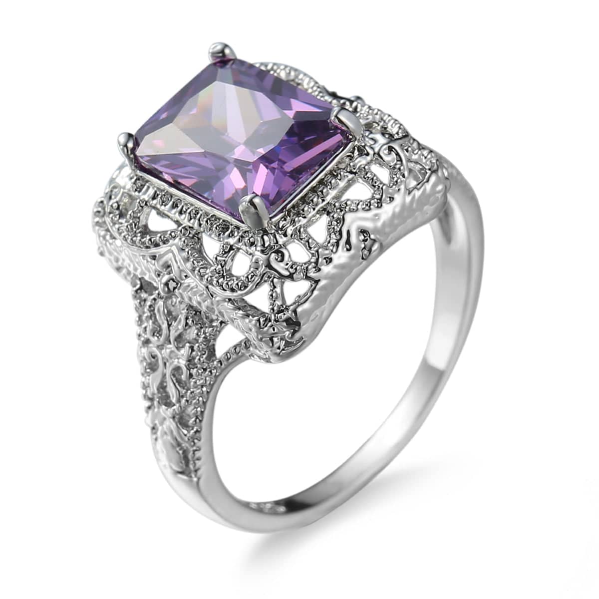 Purple Crystal & Silvertone Radiant-Cut Ring-5
