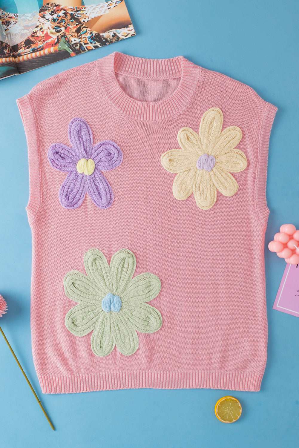 Hannah Crochet Flower Knit Short Sleeve Sweater Top - White / M - 8/10