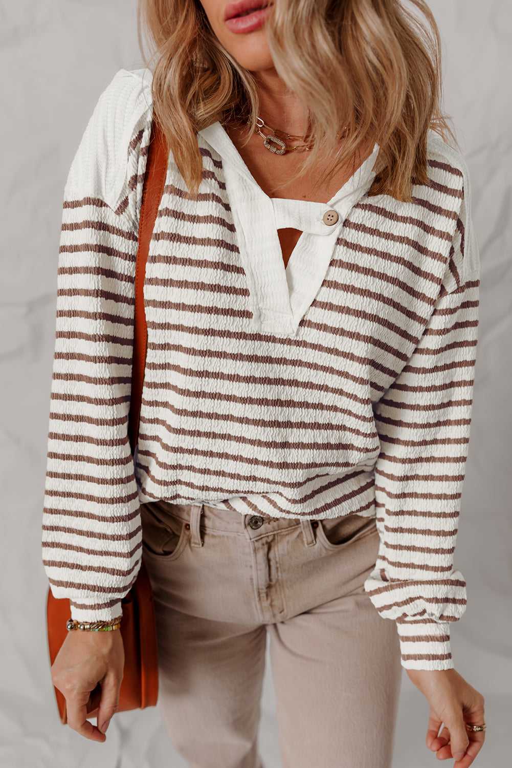 Ayla Stripe Textured Hooded Long Sleeve Top - Khaki Stripe / M - 8/10