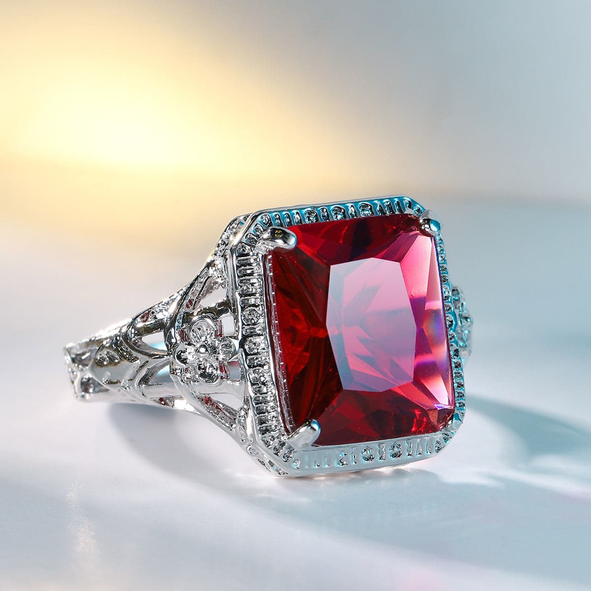 Red Crystal & Silvertone Openwork Floral Princess-Cut Ring-3