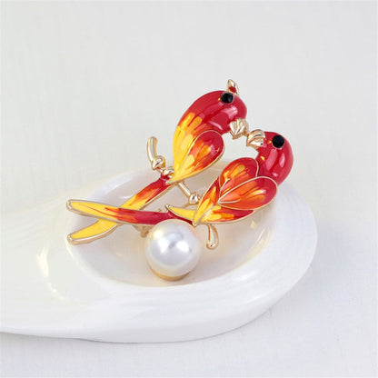 Pearl & Enamel Goldtone Parrot Pair Brooch