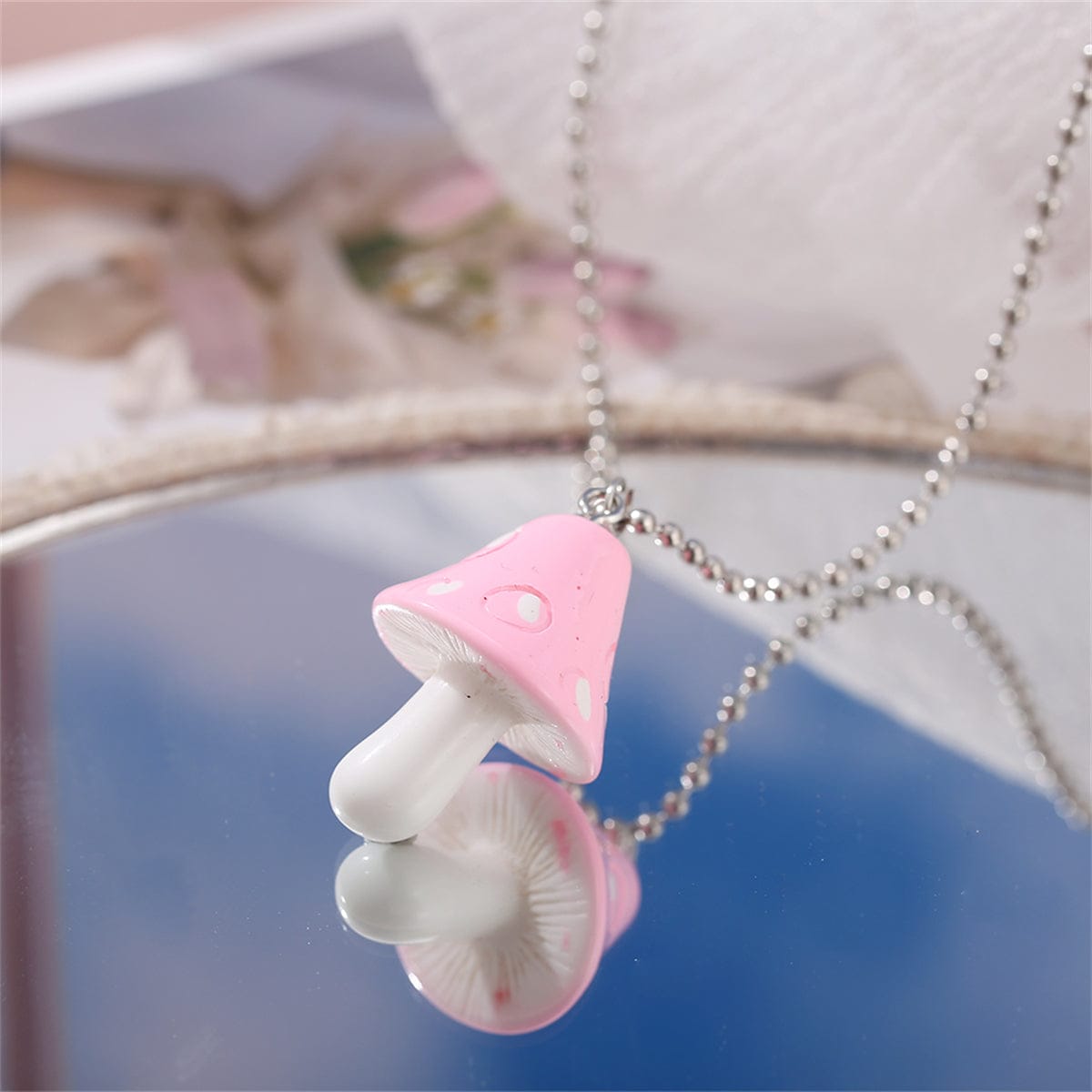 Pink Resin & Silvertone Ball Chain Mushroom Pendant Necklace