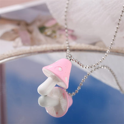 Pink Resin & Silvertone Ball Chain Mushroom Pendant Necklace