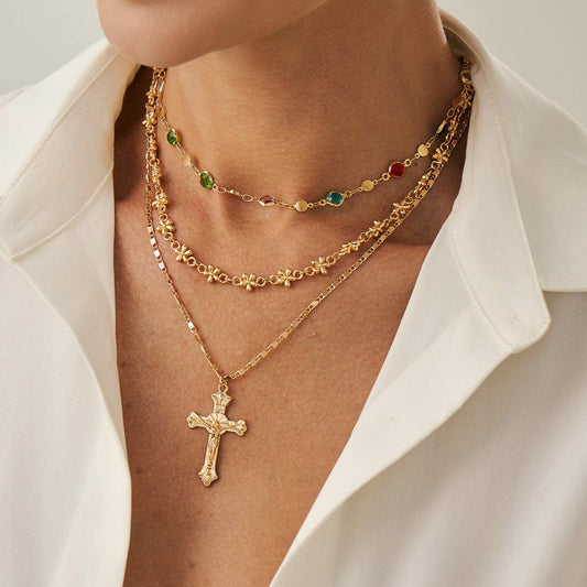 Multi-Colored Crystal & Goldtone Station Chain Cross Pendant Necklace Set