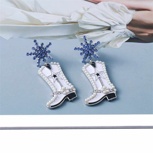 Blue Cubic Zirconia & Pearl Silvertone Cowboy Boot Drop Earrings