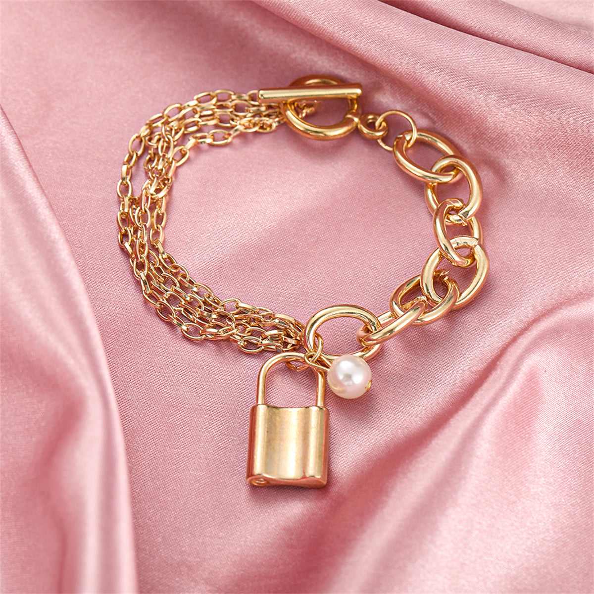 Pearl & Goldtone Layered Chain Lock Charm Anklet