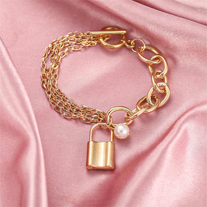 Pearl & Goldtone Layered Chain Lock Charm Anklet