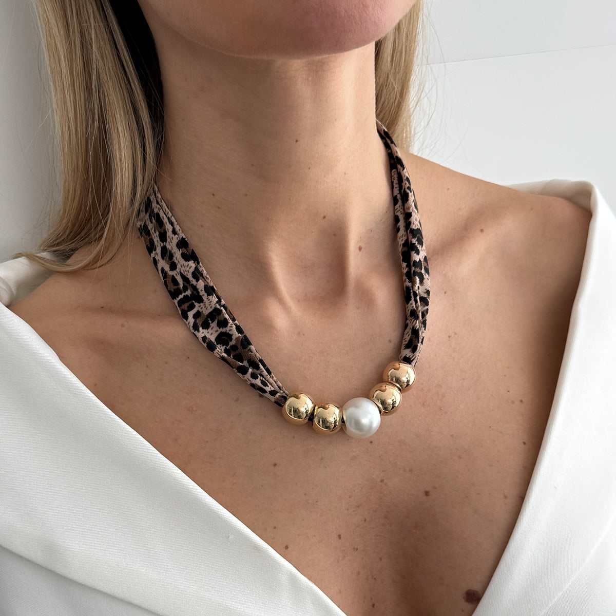 Leopard Print Polyster & Pearl Goldtone Ball Collar Necklace