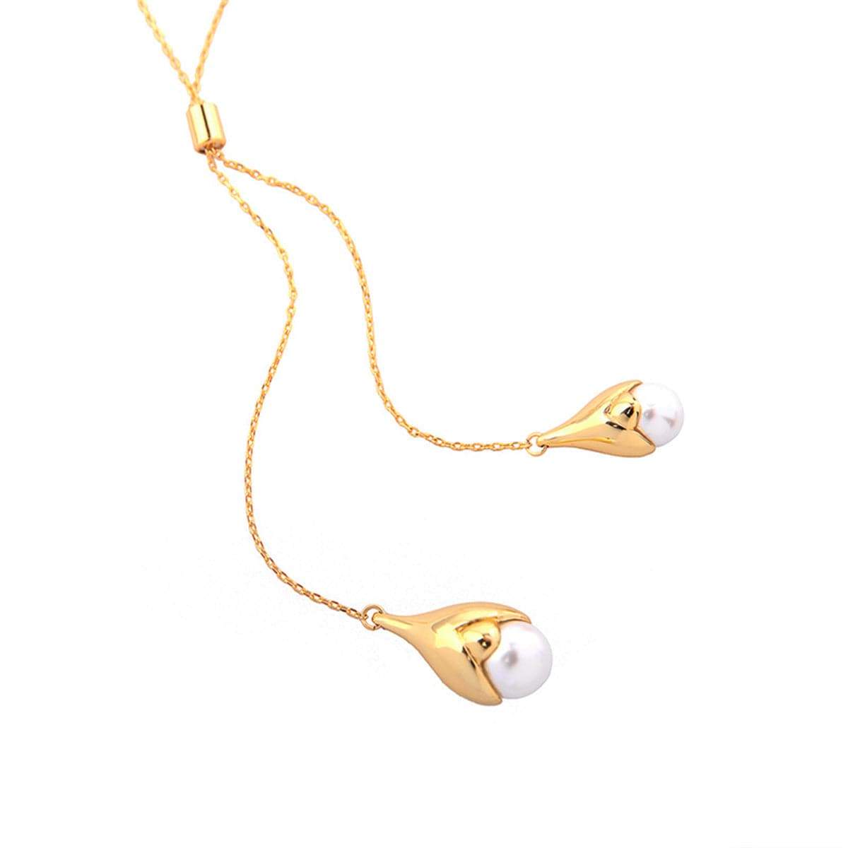 Pearl & Goldtone Double Drop Pendant Necklace