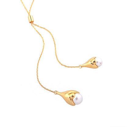 Pearl & Goldtone Double Drop Pendant Necklace