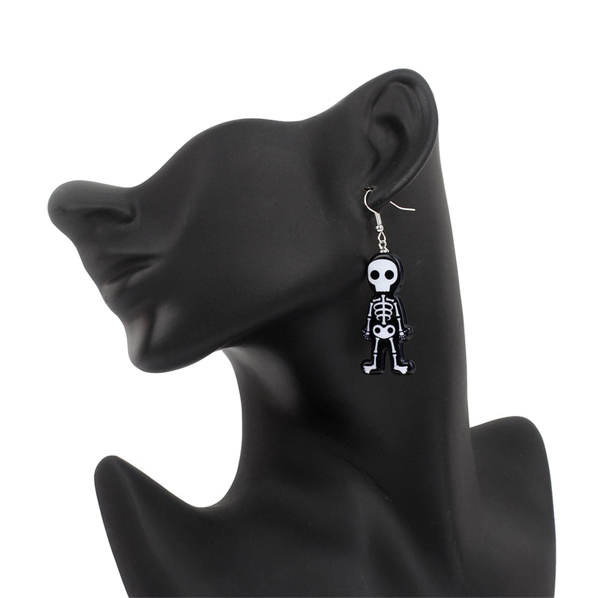 Black Acrylic & Silvertone Skeleton Drop Earrings-1