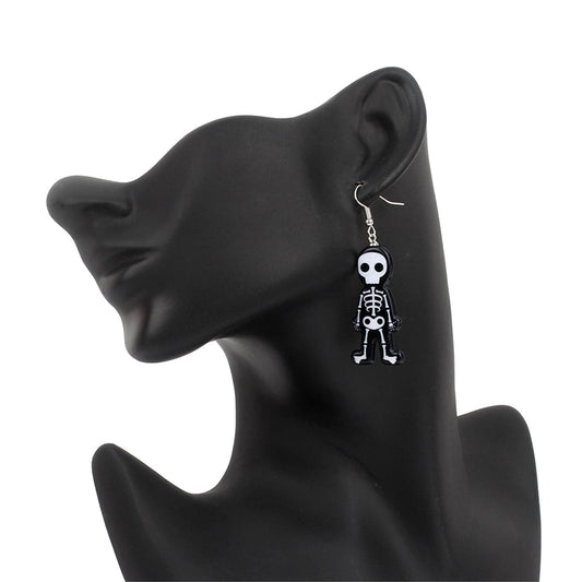 Black Acrylic & Silvertone Skeleton Drop Earrings-1