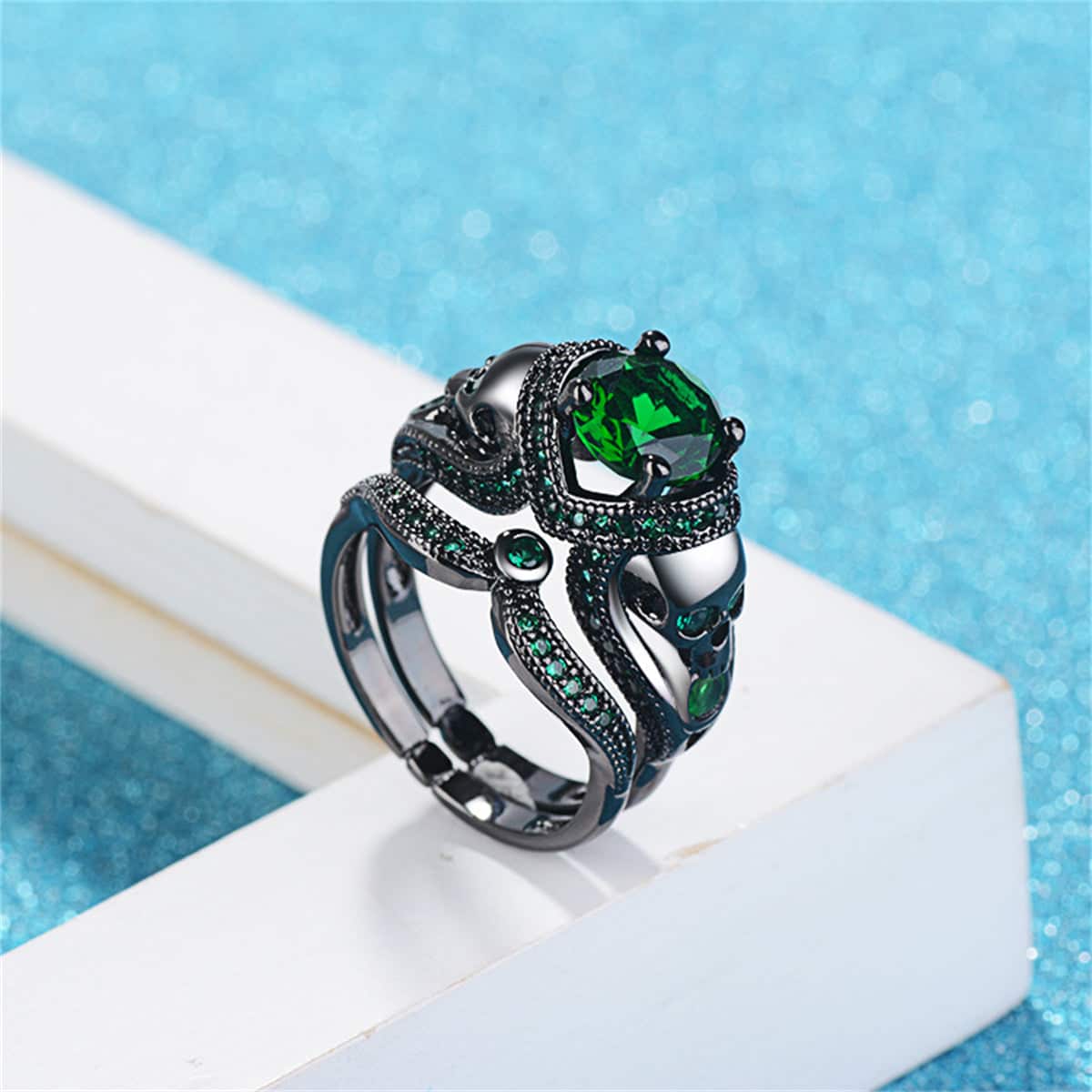 Green Crystal & Cubic Zirconia Skull Heart Ring Set-3