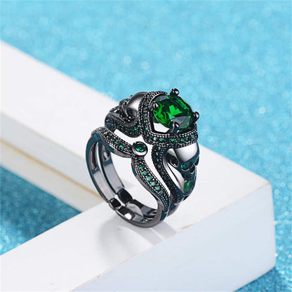 Green Crystal & Cubic Zirconia Skull Heart Ring Set-3