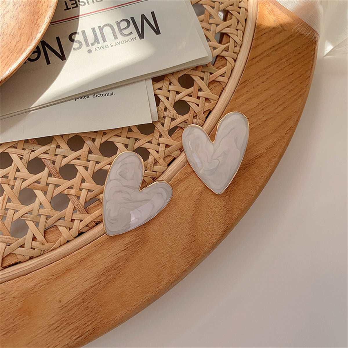 Ivory Enamel & Goldtone Heart Stud Earrings