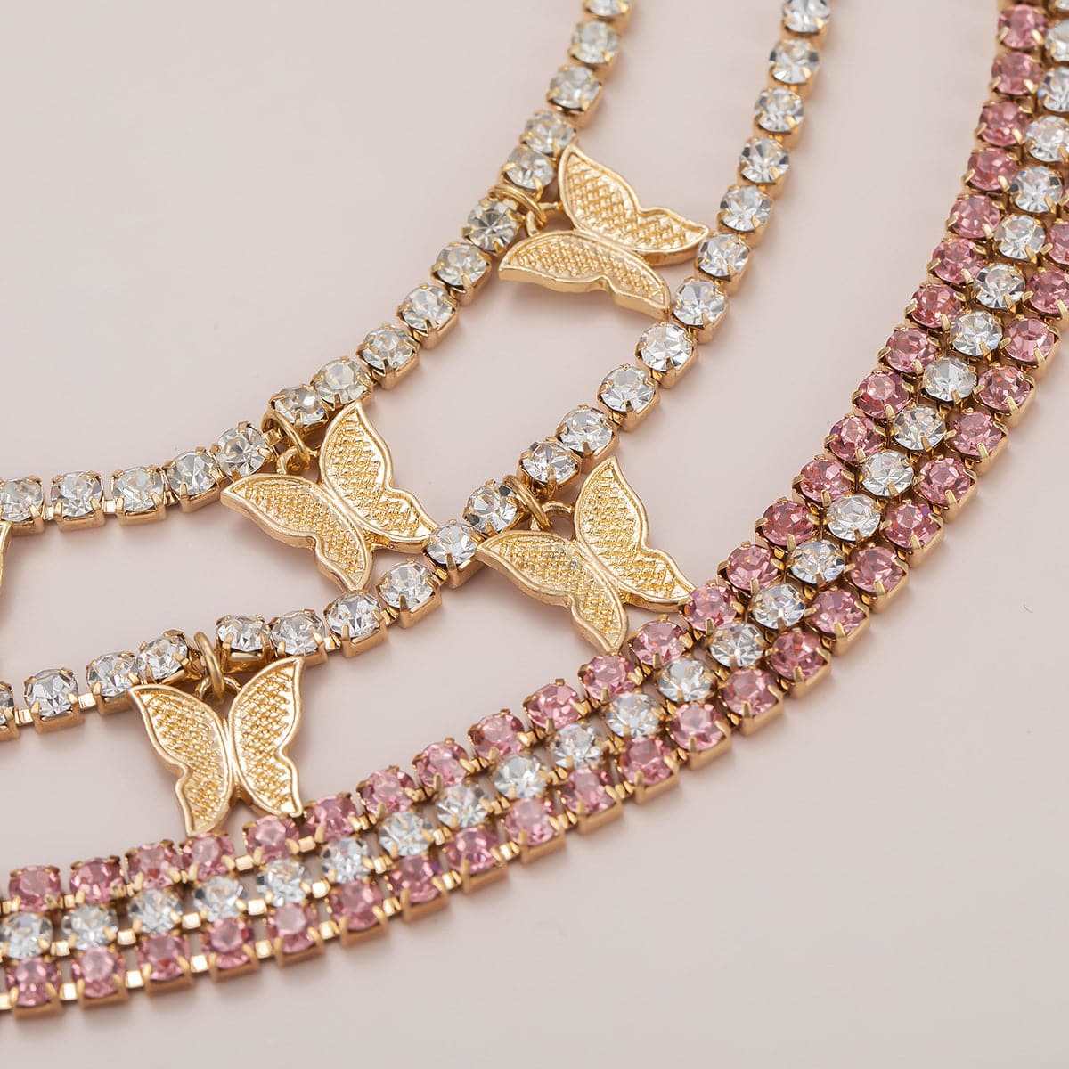 Cubic Zirconia & Goldtone Butterfly Layered Station Necklace