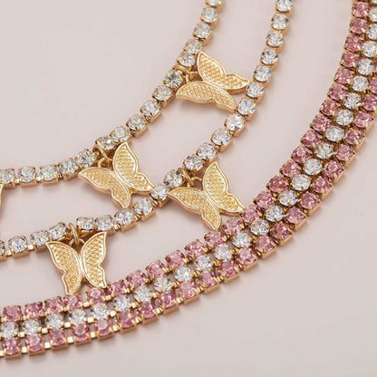 Cubic Zirconia & Goldtone Butterfly Layered Station Necklace