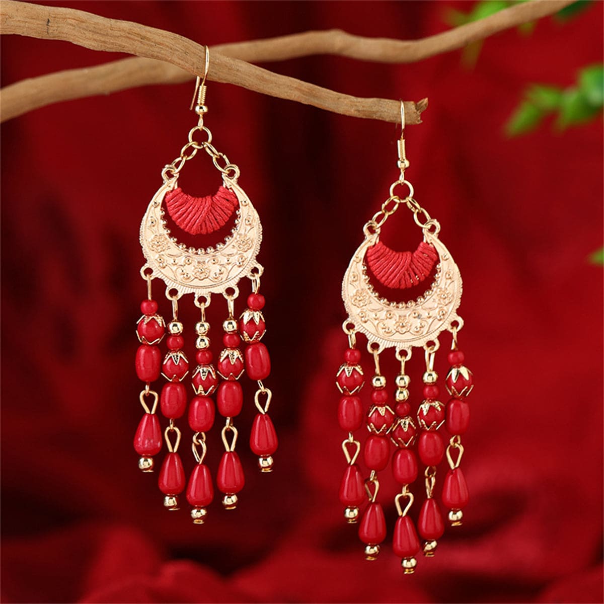 Red Resin & Polyster Goldtone Tassel Drop Earrings
