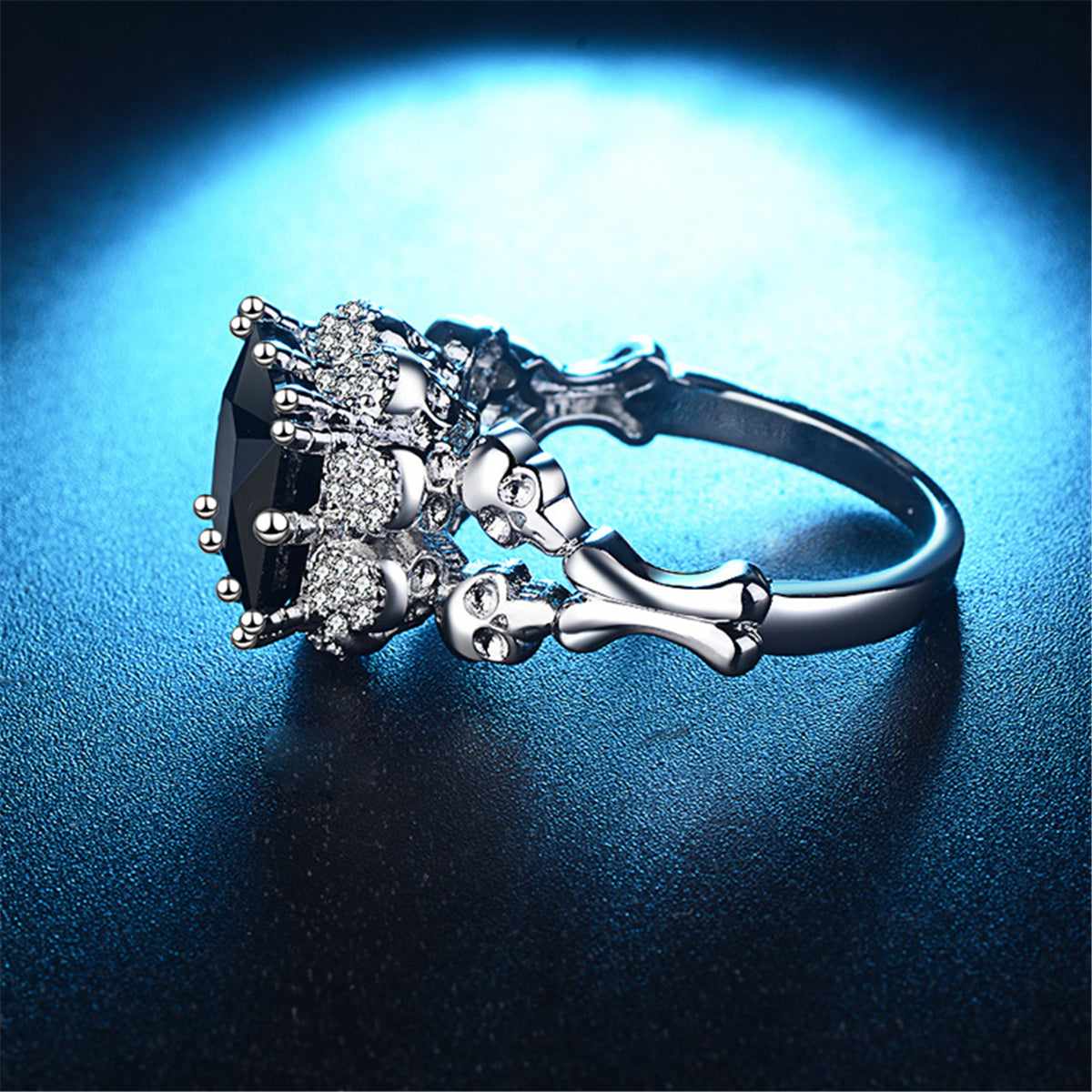 Black Crystal & Cubic Zirconia Skull Ring-8