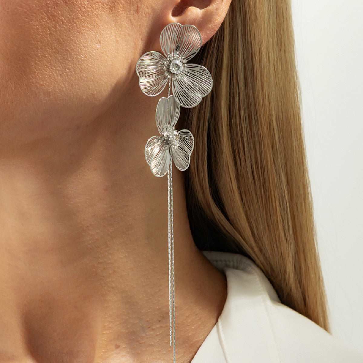 Cubic Zirconia & Silvertone Netted Flower Tassel Dangle Earrings