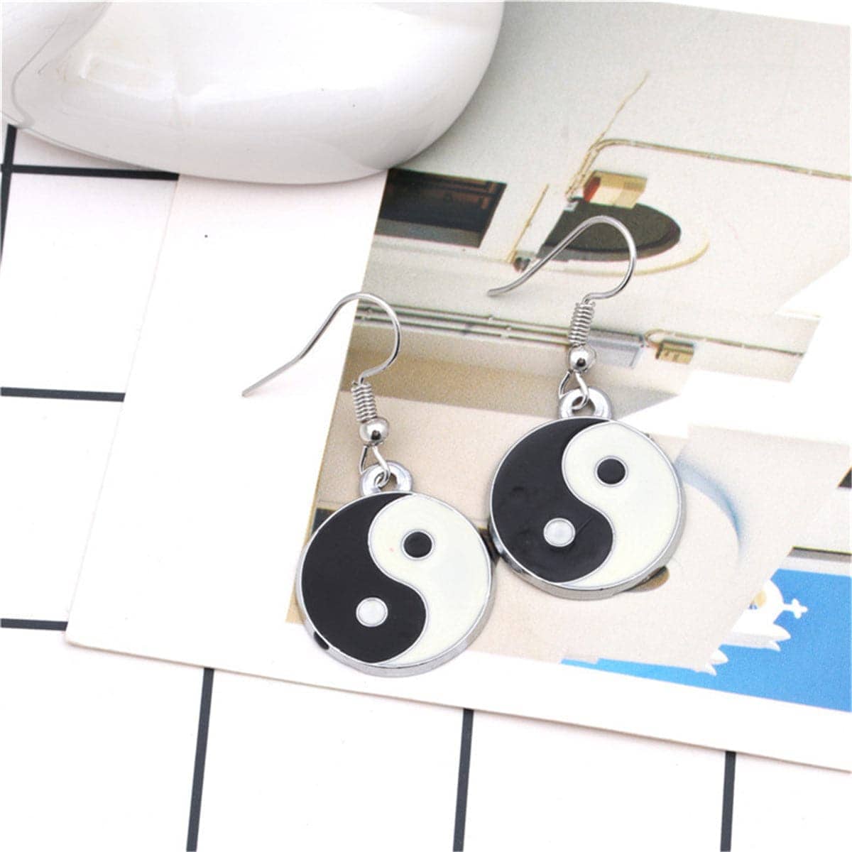 Black Enamel & Silvertone Yin Yang Drop Earrings