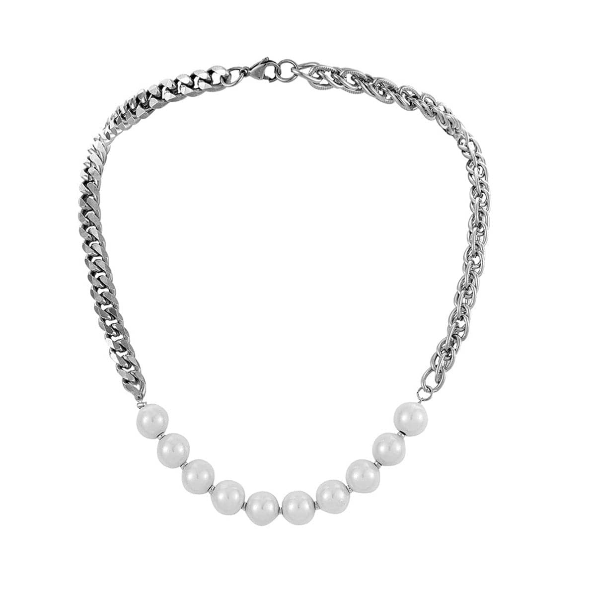 Pearl & Silvertone Curb Chain Necklace